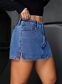 SHEIN Tall Mid-Waist Women's Loose Casual Denim Skort With Pockets - Medium Wash - View 4