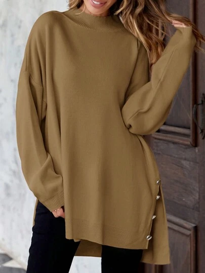 EURMUSE Plus Size Plain Color Side Slit Stickad tröja, Casual för höst/vinter