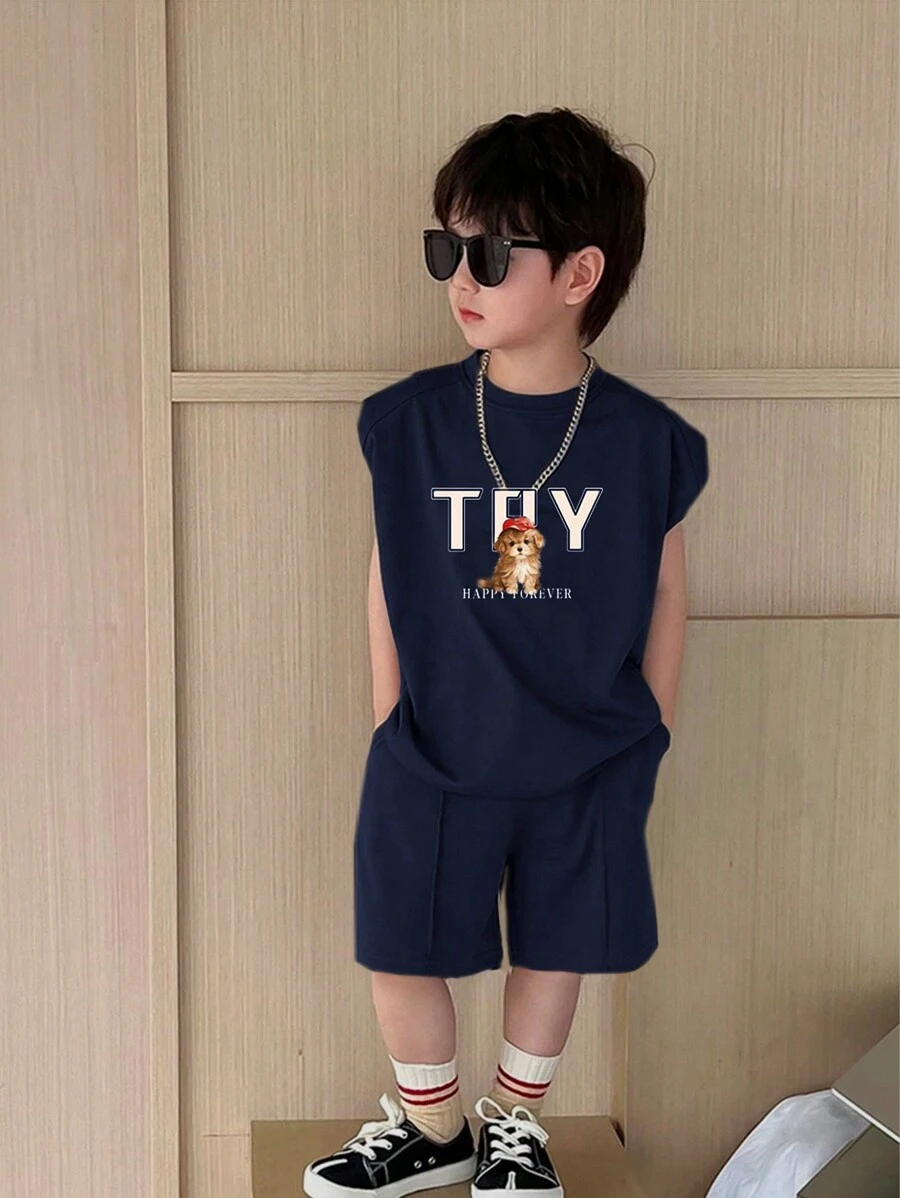 SHEIN Ensemble 2 pièces en tricot pour jeune garçon, style coréen décontracté, avec haut à imprimé animal et lettres, et short unicolore avec poche - Bleu marine - Voir 1