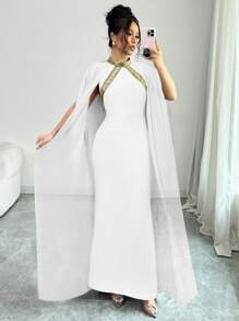 Elenzga 拼色装饰领优雅蝙蝠袖美人鱼下摆时尚优雅的连衣裙，适合派对和宴会，女士 - 白色 - 查看 4