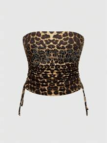 ROMWE Spring/Summer 2pcs/Set Plus Size Women Rhinestone Letter & Leopard Print Strapless Tube Drawstring Top And Pants Sexy Outfit, For Summer - Black - View 5