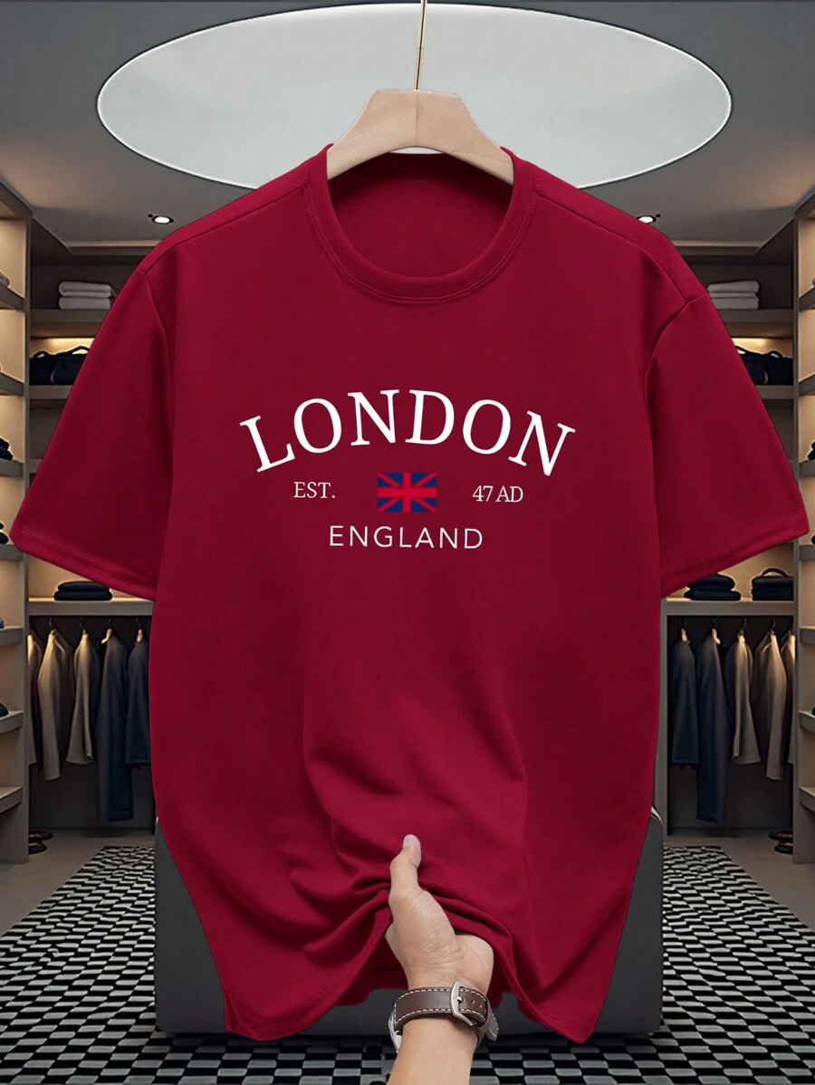 Manfinity Dauomo 男士休闲圆领简约时尚 T 恤，日常穿着 - 紅色 - 查看 1