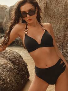 Anewsta بيكيني صيفي للنساء باللون الأحادي مع تفاصيل سلسلة عند الرقبة، تصميم بسيط وكاجوال، مناسب للشاطئ والعطلات