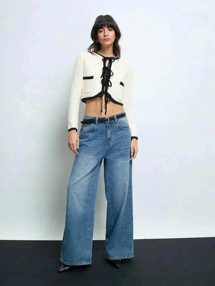 SHEIN Maija Women's White & Black Bowknot Front Pocket Long Sleeve Cardigan, Cropped Style, Versatile Casual Wear, Minimalist Fashion, Ideal For Early Spring, Valentine's Day Festival