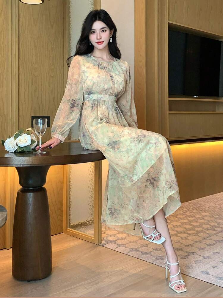 Women's Ditsy Floral Mid-Length Dress, Spring/Fall, Valentine's Day Long Sleeve Dress Maxi Dress