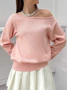 Jouncy Suéter holgado y casual de unicolor con hombro oblicuo y manga larga para mujer, apto para otoño/invierno