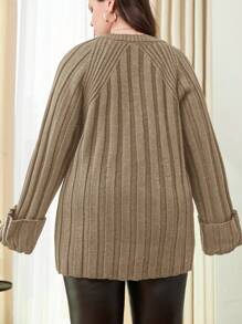 SHEIN Cottnline 加大罗纹纯色插肩袖毛衣，适合冬季 - 駝色 - 查看 2