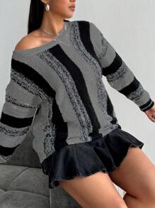 Calvaya Pulover tricotat cu dungi, mânecă lungă, cu guler tip barcă, mărime plus, pentru toamnă/iarnă