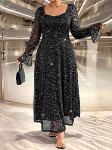 SHEIN Unity Plus Size Women's Elegant Black & Silver Flare Sleeve Metallic Fabric Fitted Long Evening Gown Dress For Party