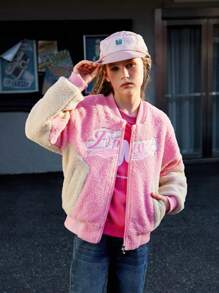 SHEIN Sudadera con cuello redondo y texto gráfico divertido con estilo de bloqueo de color casual urbano para niñas preadolescentes, apropiada para la fotografía callejera urbana y el uso casual diario - Multicolor - Ver 5