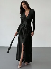 Aloruh New Elegant Ruffle Sash Decor 3D Floral Design Sexy Deep V Mesh Dress - Black - View 1