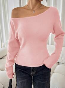 SHEIN SXY Solid Pink Wide Collar Sexy Sweater, Long Sleeve Top In Fall/Winter