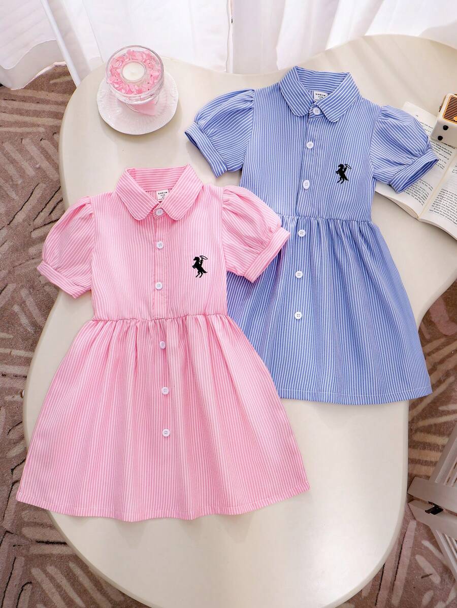 SHEIN 2 件套年轻女孩条纹短袖刺绣连衣裙,粉色和蓝色可爱时尚夏季服装 - 彩色 - 查看 1