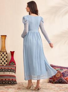 SHEIN 孕妇蕾丝连衣裙，泡泡袖，V 领，蓝色，秋季连衣裙 - 藍色 - 查看 2