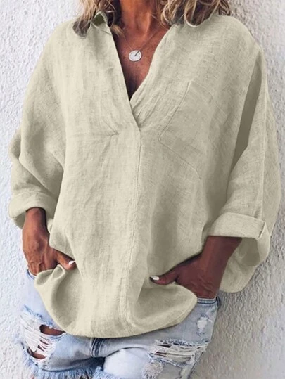 Women's Solid Color Long Sleeve Pocket Casual Top, Simplistic For Daily Wear Fall Cloth For Women