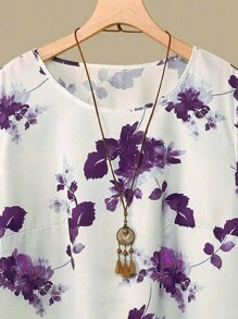 Linhara Women's Plus Size Floral Print Round Neck Short Sleeve Top And Elastic Waist Crossover Hem Pants Set, For Summer