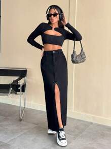 RueChic LOW RISE MAXI SKIRT WITH SLIT SIMPLE FASHIONABLE DAILY CASUAL - Black - View 4