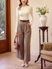 Vintamour 复古优雅女式立领长袖T恤，修身款，杏色长袖上衣新年女装冬装女士优雅复古服装情人节外出上衣休闲中国新年 - 杏色 - 查看 7