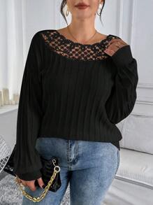 SHEIN Clasi Große Größen eleganter und sexy Spitzen Blumen Kragen Jacquard-Strick Pullover mit Rundhalsausschnitt. Für Partys, Musikfestivals, Zuhause, Schulanfang, Geschenke und Einkaufen. Herbstpullover, elegante Damenbekleidung, Winterkleidung - Schwarz - Übersicht 5