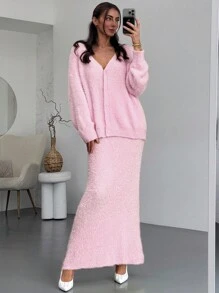 Aloruh 秋冬女款浅黄色超大落肩长袖开衫+A字长款毛衣裙两件套