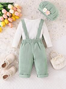 SHEIN Vintaside Kids 2件組女嬰花卉刺繡燈芯絨帽子連身褲 秋季款 - 綠色 - 查看 2