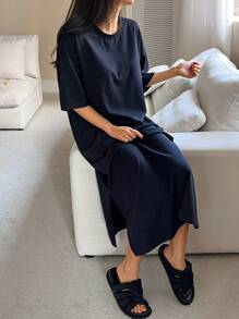DAZY Minimalist Solid Color Loose Hem Split Lounge Dress, Casual Homewear, Moo Moo Pajama - Navy Blue - View 4