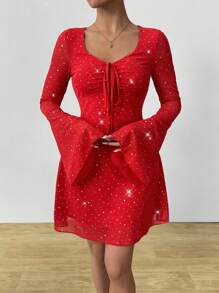 Zolique Sexy Y2K Metallic Mesh V-Neck See-Through Black Flare Sleeve Dress Fall Cloth For Women - Red - View 3