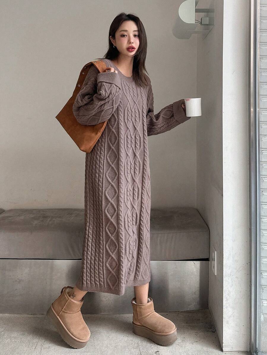 DAZY 女士纯色圆领长袖简约休闲长款针织毛衣连衣裙，秋季女装 - 灰色 - 查看 1
