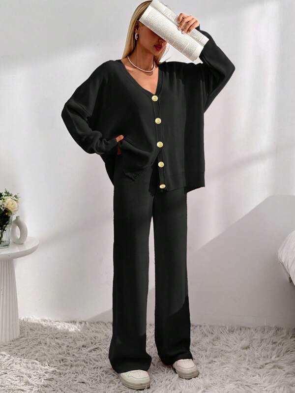 SHEIN Cardigan épaules tombantes et pantalon tricoté avec nouer à l'avant