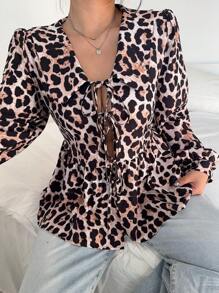 Flirla Plus Size Women Leopard Print Peter Pan Collar Open Front Spring/Summer Blouse - Multicolor - View 4