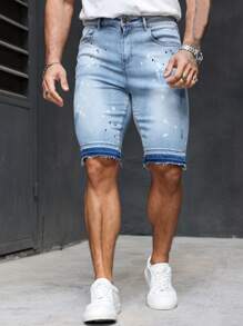 Manfinity Homme Men's Front Button Pocket Simple Denim Shorts, Casual Daily Wear - Blue - View 3