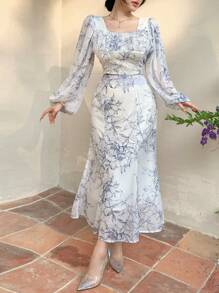 DAZY 两件套女士全印花方领灯笼袖短款衬衫和鱼尾裙套装，荷叶边，秋季女装复活节 - 藍色 - 查看 3