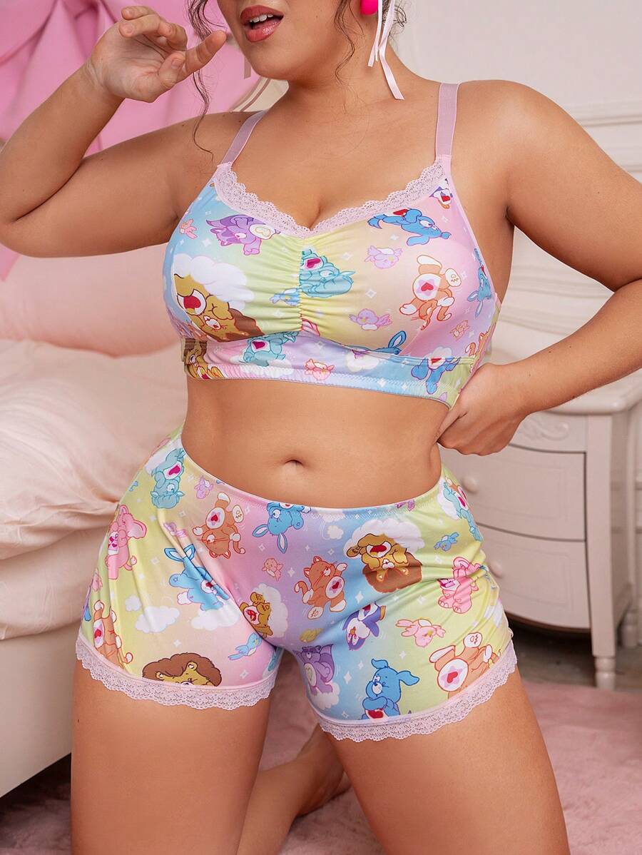 SHEIN X Care Bears Bộ áo ngực và quần lót hộp in họa tiết gấu hoạt hình và nhuộm loang ren phía trước cỡ lớn - Hồng - Xem 1