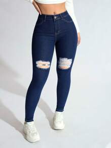 SHEIN ICON 女式口袋破洞紧身休闲百搭牛仔裤 - 深色水洗藍 - 查看 4