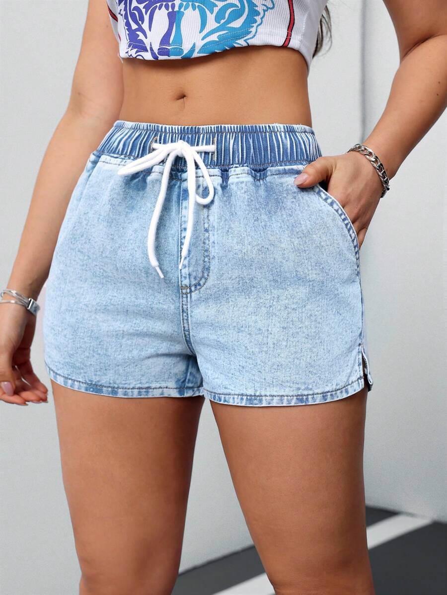 SHEIN Tall 女士松紧腰身牛仔短裤，蓝色 - 淺色水洗藍 - 查看 1