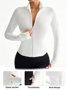 SHEIN Women's Plain Color Raglan Sleeve Zipper Front Ribbed Slim Fit Track Jacket - White - View 1