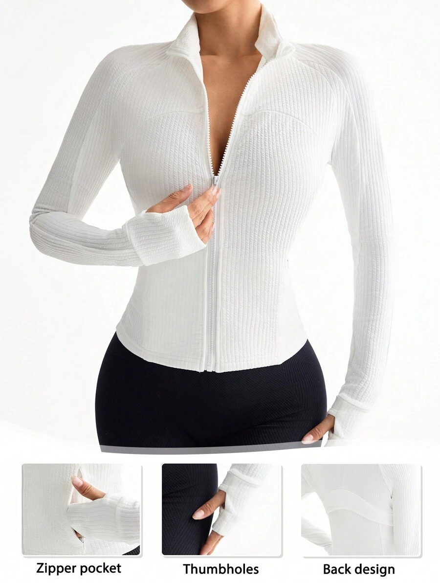 SHEIN Women's Plain Color Raglan Sleeve Zipper Front Ribbed Slim Fit Track Jacket - White - View 1