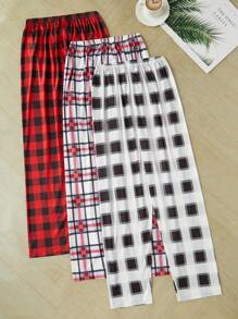 3pcs Set Teenage Girls Casual Plaid Pattern Long Leggings Home Wear Outfit - Red and White - View 2