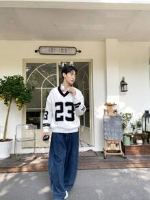 Manfinity CasualKnits Men's Casual V-Neck Long Sleeve Loose Fit Sweater With Numeric Pattern, Autumn/Winter - White - View 5