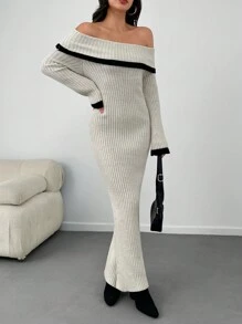 SHEIN Tall Elegancka, słodka, kontrastowa koronka, szczegółowa melanżowa przędza, opadające ramiona, dekolt Madonny, prążkowana dzianina, spódnica w kształcie litery A, długa sukienka swetrowa - Beżowy - Zobacz 7