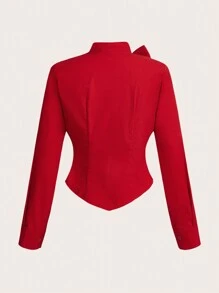 SHEIN ICON Camisa para el Día de San Valentín para mujer de unicolor, manga larga, cuello polo, con gran moño rojo y cintura entallada, para otoño