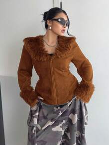 POPSWAY Plus Size Fashionable Jacket, Suitable For Autumn/Winter Back To School, Daily Wear, Campus Style, Stylish, Casual, V-Neck Design Slightly Sexy And Appealing - Brown - View 5