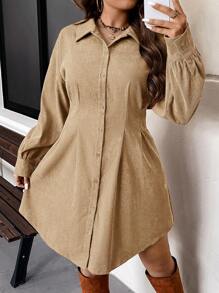 SHEIN VCAY 大码秋冬收腰开衫风格休闲复古连衣裙 - 杏色 - 查看 3