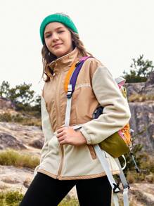 SHEIN Chaqueta de cuello alto de forro polar suave con parches, para uso casual al aire libre, adecuada para niñas/adolescentes, cómoda para actividades al aire libre, uso diario y fotografía en la ciudad