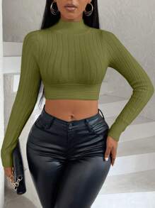 VaVaBold 女士纯色立领长袖短款上衣，休闲日常针织套头衫，秋冬毛衣 - 橄欖綠 - 查看 5