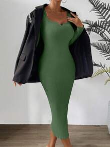 SHEIN Clasi Vestido de suéter de Body con manga larga, cuello de corazón y unicolor para mujer