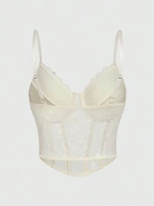 SHEIN Sweetina 蕾丝吊带背心 黑色紧身胸衣上衣 纯色 简约时尚 - 杏色 - 查看 2