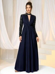 SHEIN Belle Women Sequin Patchwork Stand Collar Long Gown Dress For Party, Wedding Guest Dress, Prom Dress - Navy Blue - View 5