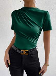 Chiquease Solid Color Round Neck Short Sleeve Casual T-Shirt - Dark Green - View 6