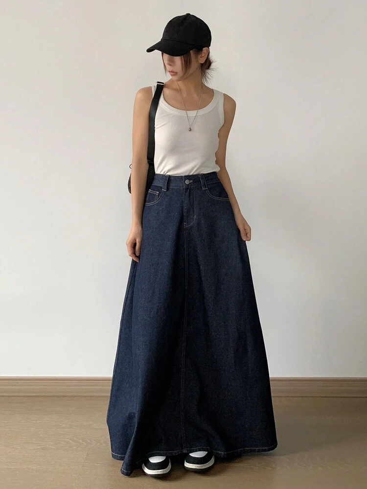 Women's Pocket Decor A-Line Midi Denim Skirt With Pleated Hem Jeans Skirt